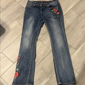 Grace Dark Blue Straight Leg Jeans with Red Floral Embroidery